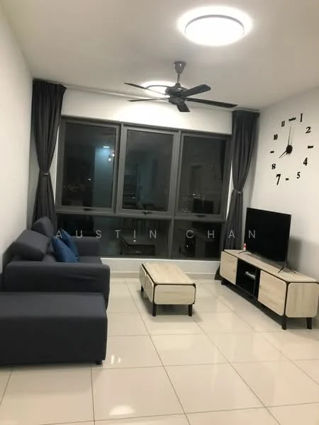 Living features: 3-seater fabric sofa in dark blue, 2-seater fabric sofa in dark blue, coffee table with light wood top and dark legs, wall-mounted TV, TV console with light wood and dark accents, floor-to-ceiling windows, grey curtains, white painted walls, polished ceramic tile flooring, ceiling fan with light, decorative wall clock; style: modern; view: city.