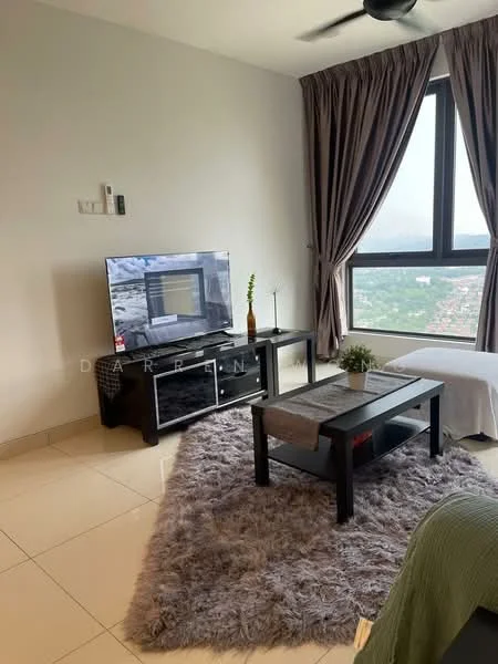 Living features: floor-to-ceiling windows, grey curtains, 3-blade ceiling fan, wall-mounted TV, black TV console, coffee table, area rug with shaggy texture, decorative plant on table, white sofa, cream painted walls, glossy tile flooring; style: modern; view: city.