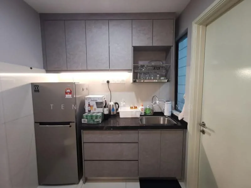 Kitchen features: grey cabinetry, black granite countertop, single-bowl stainless-steel sink, chrome pull-down faucet, stainless-steel fridge, built-in microwave, kitchen utensils on countertop, dish rack, white tiled backsplash, wall-mounted shelves, floor tiles, light switch, window with blue frame; style: modern.