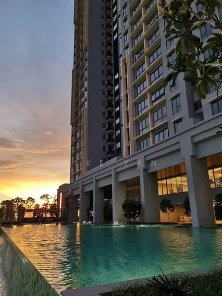 Exterior type: high-rise condominium; features: glass curtain wall, projecting balconies, infinity pool, pool deck with loungers, landscaped garden area, water feature, sunset view, surrounded by greenery; style: modern.