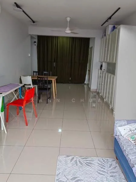 Living features: white painted walls, glossy tile flooring, 5-blade ceiling fan with light, large window with curtain, sofa with patterned upholstery, dining table with chairs, open layout, built-in shelving unit; style: modern.