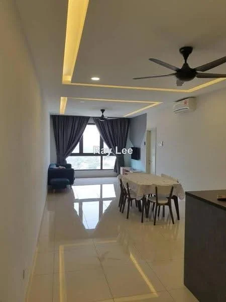 Living features: white painted walls, glossy tile flooring, tray ceiling with recessed lighting, 5-blade ceiling fan, floor-to-ceiling windows, grey curtains, blue fabric sofa, dining table with four chairs, air conditioning unit; style: modern; view: city.