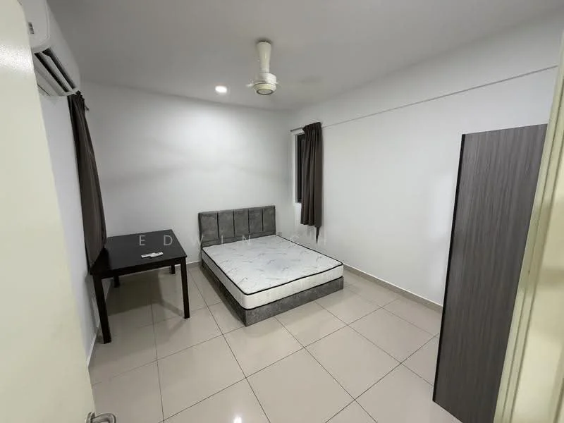 Bedroom features: queen-size bed, grey upholstered headboard, white painted walls, tile flooring, 1 wall-mounted split AC, ceiling fan, brown curtains, desk with black surface, grey wardrobe, window with natural light; style: modern.