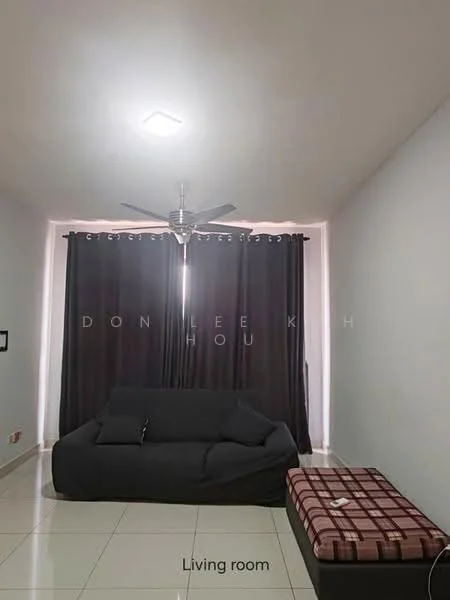 Living features: grey fabric sofa, checkered ottoman, ceiling fan with light, white painted walls, glossy tile flooring, blackout curtains, recessed ceiling lights; style: modern.