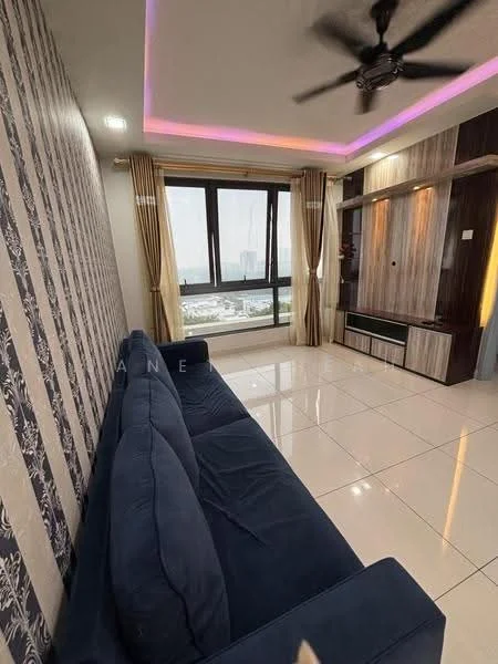 Living features: blue fabric sofa, floor-to-ceiling windows, city view, recessed LED downlights, ceiling fan, wall-mounted TV console, decorative wall with floral pattern, glossy tile flooring, curtains, feature wall with wood paneling; style: modern; view: city.