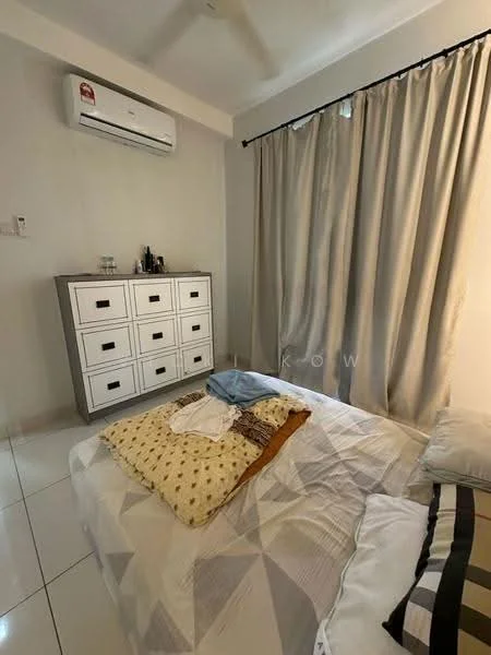 Bedroom features: queen-size bed, white bedding with geometric pattern, decorative throw pillows, 1 bedside pillow, 1 bedside table, 4-drawer white dresser, floor-to-ceiling curtains in beige, wall-mounted split AC unit, white tiled flooring, ceiling fan, wall outlet; style: modern.