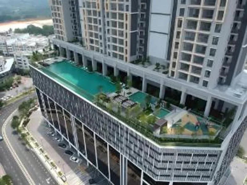 Exterior type: high-rise condominium; features: infinity pool, pool deck with loungers, children's playground, landscaped garden, manicured lawn, multiple storeys, modern facade with glass and concrete, surrounded by urban landscape; style: modern.