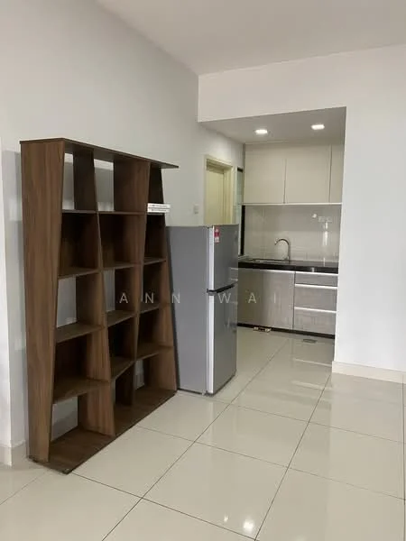 Kitchen features: white cabinets, grey countertop, stainless-steel sink, chrome pull-down faucet, built-in oven, stainless-steel fridge, ceramic tile flooring, recessed downlights; style: modern. Living features: open shelving unit, white walls, ceramic tile flooring; style: modern.