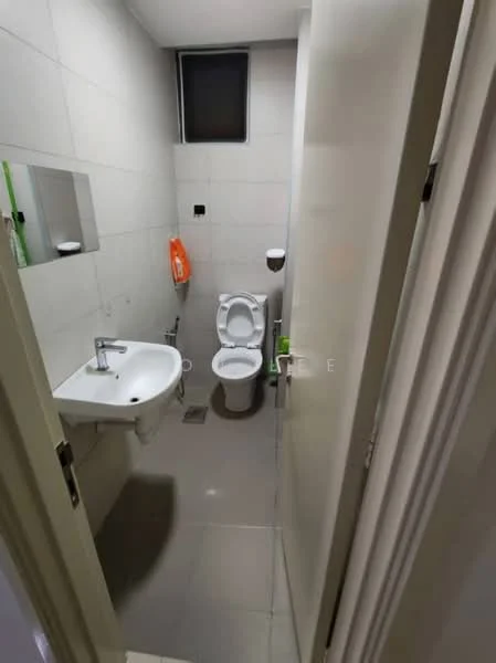 Bathroom features: white tiled walls, grey tiled flooring, single-sink vanity, chrome basin mixer faucet, one-piece toilet, framed mirror, window for natural light, hand soap dispenser, orange hand towel, toilet paper holder; style: modern.