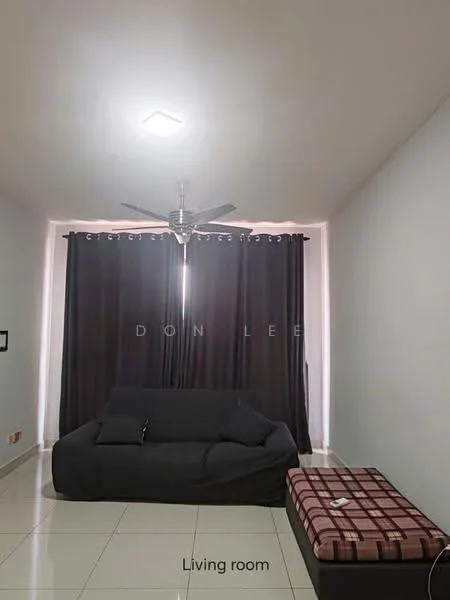 Living features: 3-seater fabric sofa in grey, ceiling fan with light, blackout curtains, white painted walls, glossy tile flooring, decorative throw pillows, plaid patterned ottoman, LED ceiling light; style: modern.