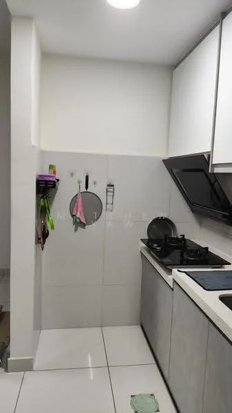 Kitchen features: white cabinetry, grey laminate countertop, built-in gas stove, black range hood, white tiled backsplash, white walls, white ceiling, recessed lighting, floor-to-ceiling cabinets, circular cutout in wall, hanging utensils, ceramic tile flooring; style: modern.