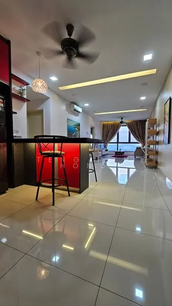 Kitchen features: black countertop, red cabinetry, stainless-steel fridge, bar stools, pendant light, 5-blade ceiling fan, recessed downlights, glossy tile flooring; style: modern. Living features: sofa, coffee table, TV console, wall-mounted TV, curtains, decorative wall art, area rug, glossy tile flooring; style: modern; view: city.