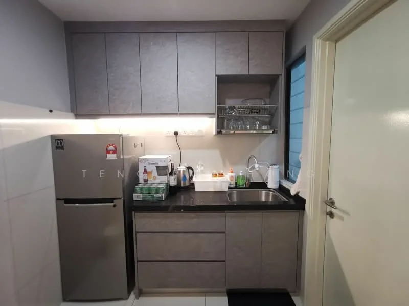Kitchen features: grey laminate cabinetry, black countertop, single-bowl stainless-steel sink, chrome pull-down faucet, stainless-steel fridge, built-in microwave, glass dish rack, white ceramic tile backsplash, under-cabinet lighting, floor tiles, black mat; style: modern.