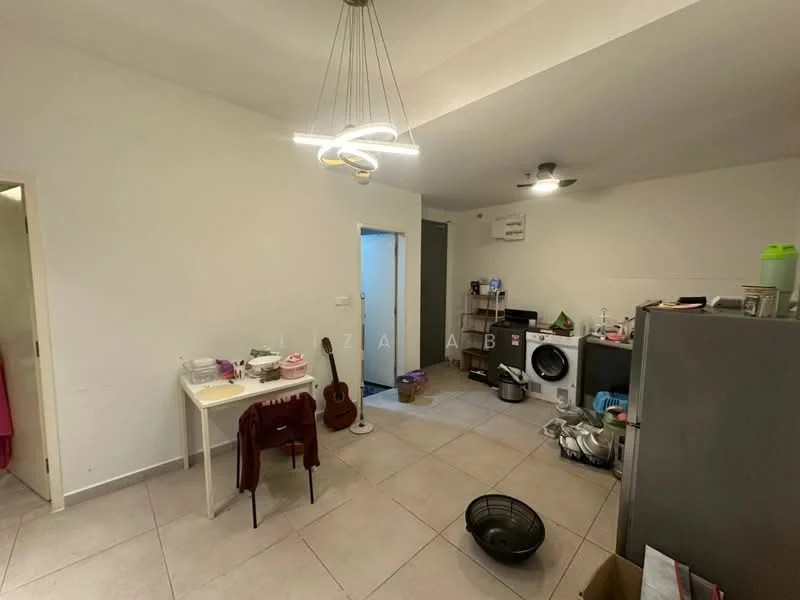 Room features: white painted walls, tile flooring, recessed downlights, ceiling fan, hanging light fixture, table with chairs, guitar, washing machine, kitchen appliances, open shelving, storage bins, plastic containers; style: modern.