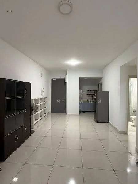 Room features: white painted walls, glossy tile flooring, ceiling light fixture, built-in shelving unit, dark wood cabinet, grey fridge, doorway leading to another room, open layout; style: modern.