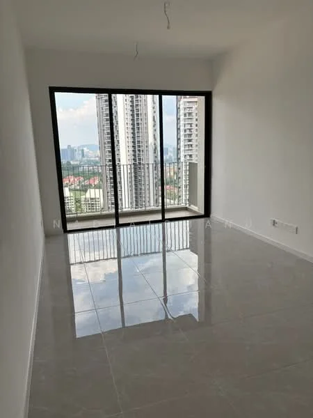 Living features: white painted walls, glossy marble tile flooring, floor-to-ceiling windows, black window frames, balcony access, city view, recessed ceiling lights, no visible furniture; style: modern; view: city.