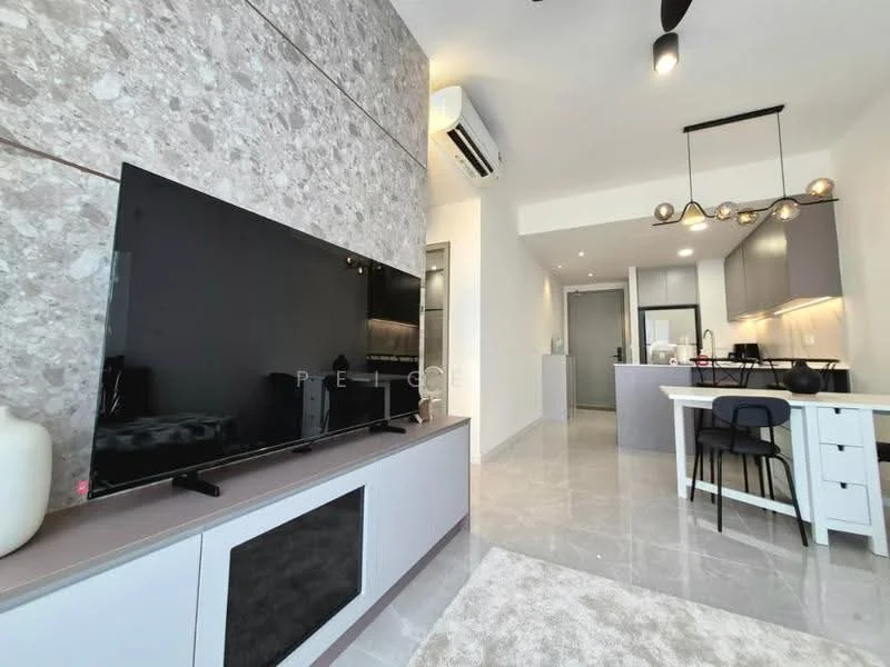 Living features: grey marble accent wall, light grey painted walls, polished marble flooring, ceiling fan with light, wall-mounted TV, TV console with storage, open-plan layout, large windows for natural light; style: modern. Kitchen features: kitchen island with seating, grey cabinetry, stainless-steel appliances, recessed lighting, open shelving, black countertop; style: modern.