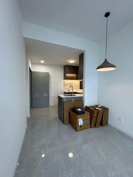 Kitchen features: grey cabinetry, white marble countertop, single-bowl stainless-steel sink, chrome pull-down faucet, built-in oven, stainless-steel range hood, ceramic tile flooring, recessed downlights; style: modern. Room features: white painted walls, pendant light, boxes stacked on the floor, open layout.