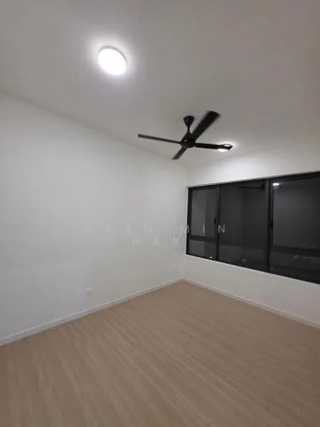 Room features: white painted walls, vinyl plank flooring, 5-blade ceiling fan, floor-to-ceiling windows, black window frames, recessed lighting; style: modern.