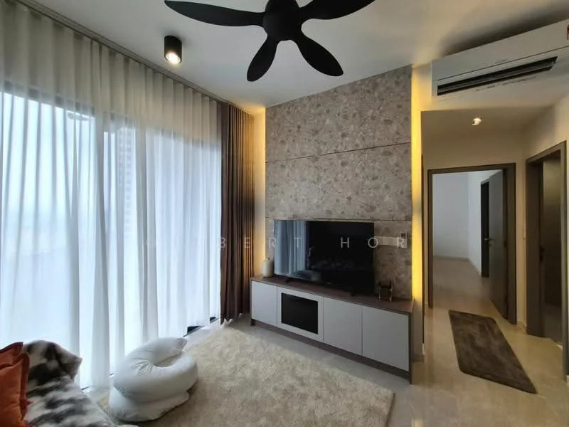 Living features: 5-blade ceiling fan, wall-mounted TV, TV console, light-colored wall with stone cladding, large windows with sheer curtains, neutral-colored area rug, upholstered sofa, recessed lighting, wooden flooring, decorative throw pillows; style: modern; view: city. Room features: doorway leading to another room, light-colored walls, flooring visible in hallway.