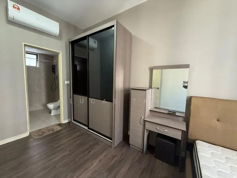 Bedroom features: wooden flooring, beige upholstered headboard, built-in wardrobe with sliding doors, vanity table with mirror, desk with chair, air conditioning unit, neutral painted walls, window with natural light; style: modern. Bathroom features: one-piece toilet, shower area with glass partition, neutral tile flooring, light-colored wall tiles.