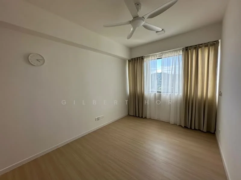 Room features: light wood laminate flooring, white painted walls, ceiling fan, floor-to-ceiling window, sheer curtains, blackout curtains, wall clock, mountain view; style: modern; view: mountain.