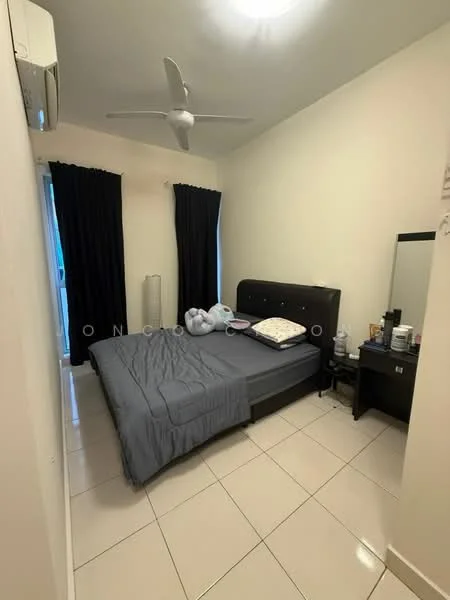Bedroom features: queen-size bed, upholstered headboard, grey bedding, 2 bedside tables, table lamp, full-length mirror, floor-to-ceiling windows, blackout curtains, wall-mounted split AC, ceiling fan with light, white painted walls, glossy tile flooring; style: modern.