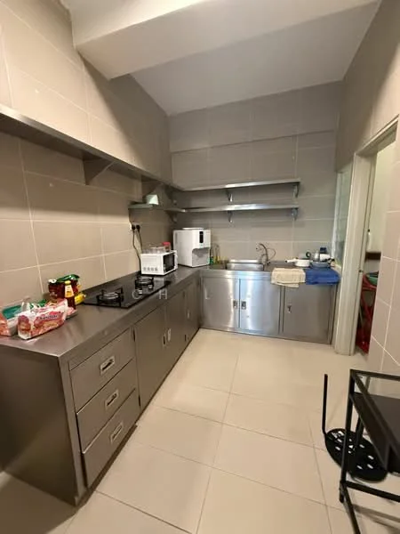 Kitchen features: stainless-steel countertop, stainless-steel cabinets, built-in gas hob, built-in oven, white refrigerator, single-bowl stainless-steel sink, chrome pull-down faucet, open shelving, cream tiled walls, cream tiled flooring, kitchen towel, various condiments on countertop; style: modern.