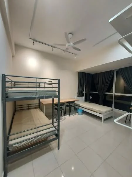 Room features: bunk bed with metal frame, single mattress on bottom bunk, single mattress on top bunk, dining table with wooden top, 4 black metal chairs, white sofa bed, floor-to-ceiling windows, grey curtains, white tiled flooring, ceiling fan with light, recessed downlights; style: modern; view: city.
