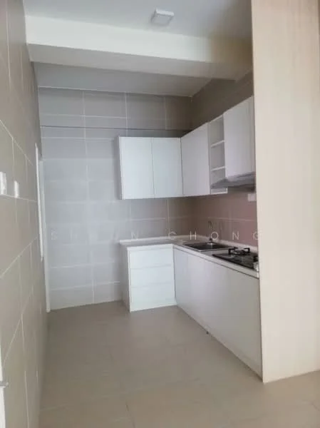 Kitchen features: white cabinetry, grey tiled backsplash, stainless-steel gas hob, built-in oven, single-bowl stainless-steel sink, chrome pull-down faucet, light beige wall tiles, light beige floor tiles, recessed ceiling lights; style: modern.