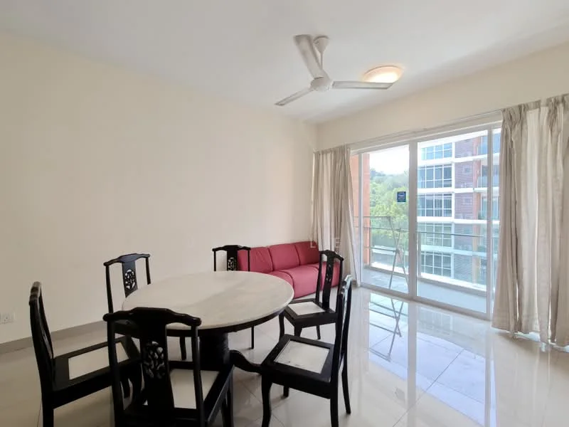 Dining features: round marble dining table, 6 dining chairs, red fabric sofa, floor-to-ceiling sliding glass door, curtains, ceiling fan, white painted walls, glossy tile flooring; style: modern; view: garden.