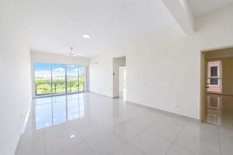 Living features: white painted walls, glossy ceramic tile flooring, 5-blade ceiling fan with light, floor-to-ceiling windows, sliding glass door, natural light from windows, view of greenery, open layout; style: modern; view: garden.