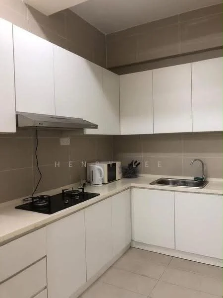 Kitchen features: white flat-panel cabinets, light-colored countertop, stainless-steel sink, chrome pull-down faucet, built-in gas hob with 2 burners, stainless-steel range hood, microwave, kettle, kitchen utensils, ceramic tile flooring, neutral wall tiles; style: modern.