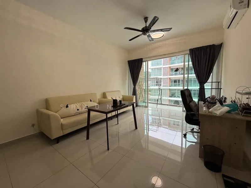 Living features: 2-seater fabric sofa in cream, 3-seater fabric sofa in cream, wooden coffee table, ceiling fan with light, floor-to-ceiling windows, sliding glass door, sheer curtains, glossy ceramic tile flooring, air conditioning unit, desk with chair, waste bin; style: modern; view: city.