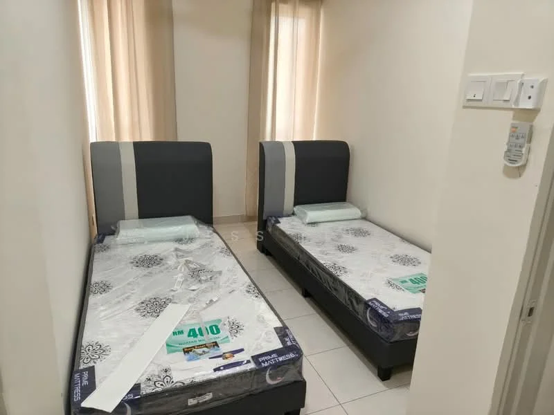 Bedroom features: two single beds with grey upholstered headboards, mattresses with protective covers, light-colored walls, cream curtains, tiled flooring, built-in wardrobe, nightstand, wall-mounted light switch; style: modern.