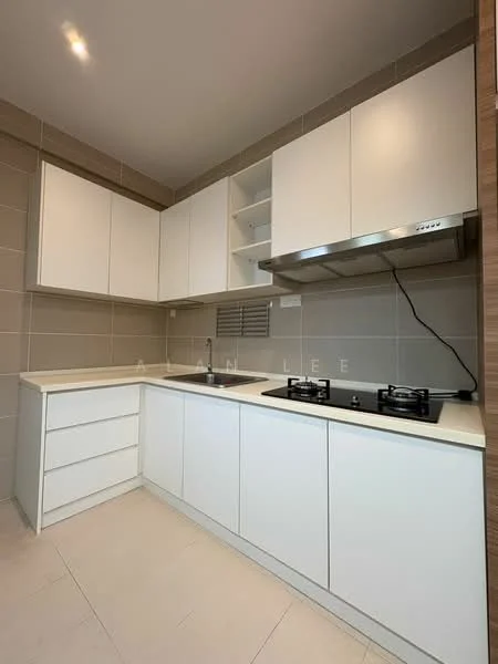 Kitchen features: white cabinetry, stainless-steel range hood, double-burner gas hob, single-bowl stainless-steel sink, chrome pull-down faucet, white countertop, tile backsplash, light-colored tile flooring, built-in shelving, wall-mounted cabinet, under-cabinet lighting; style: modern.