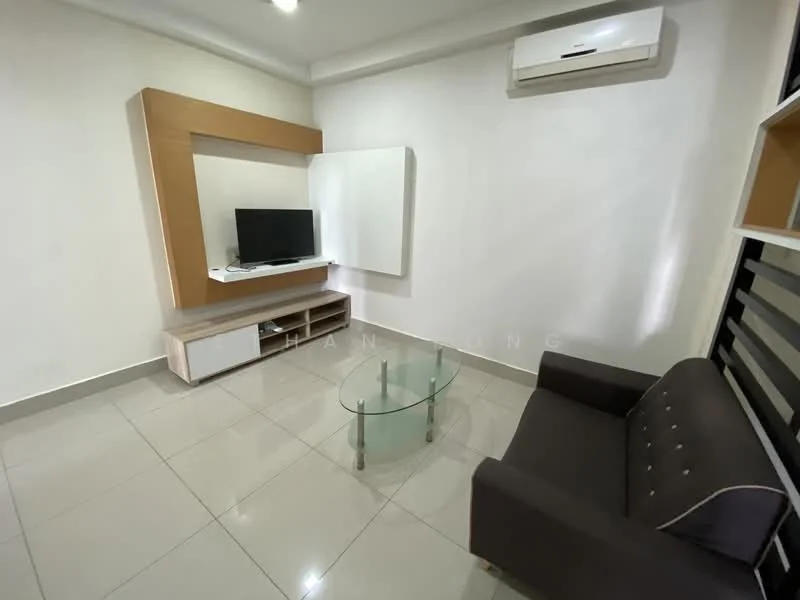 Living features: grey fabric sofa, glass coffee table, wall-mounted TV, TV console with storage, air conditioning unit, white painted walls, glossy tile flooring, recessed ceiling lights; style: modern.