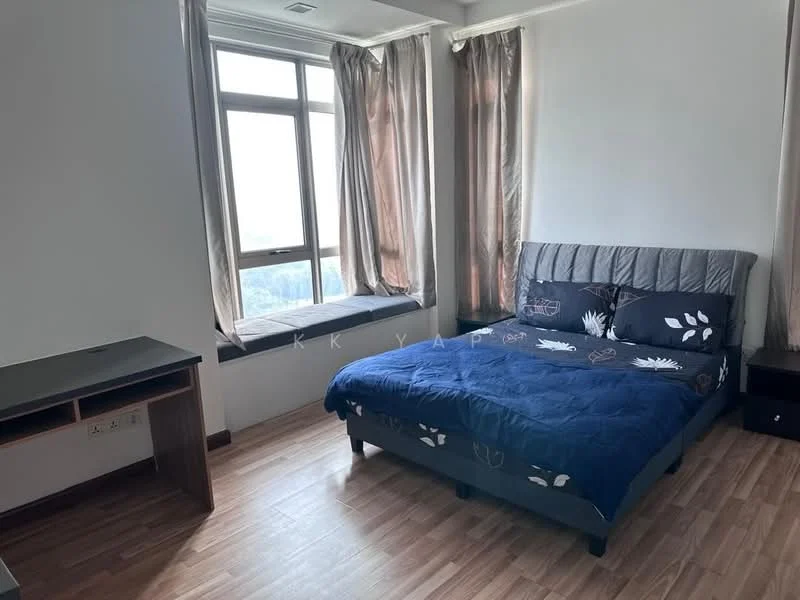 Bedroom features: king-size bed with blue bedding, upholstered headboard, wooden flooring, floor-to-ceiling windows, sheer curtains, desk with storage, nightstand, decorative wall art; style: modern; view: city.