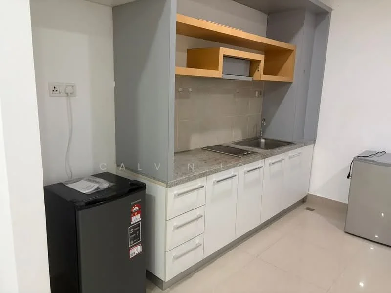 Kitchen features: white cabinetry with flat-panel doors, grey countertop, double-bowl stainless-steel sink, chrome pull-down faucet, built-in microwave, refrigerator, ceramic tile flooring, wall-mounted electrical outlets, light switch, neutral painted walls; style: modern.