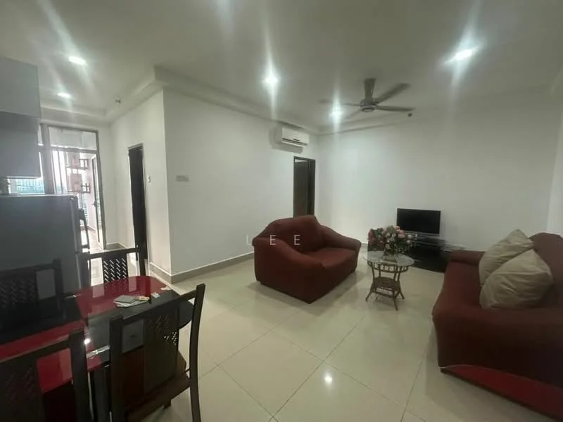 Living features: 2-seater fabric sofa in maroon, 3-seater fabric sofa in maroon, flat-screen TV on stand, coffee table, ceiling fan, recessed downlights, white painted walls, glossy tile flooring, air conditioning unit on wall; style: modern. Dining features: 4-seater dining table with red tabletop, black dining chairs, white painted walls, glossy tile flooring; style: modern.