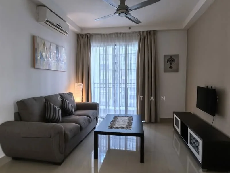 Living features: 3-seater fabric sofa in grey, decorative cushions, coffee table with black surface, wall-mounted TV, TV console with storage, floor-to-ceiling windows, sheer curtains, ceiling fan with light, air conditioning unit, light-colored walls, glossy tile flooring, artwork on wall; style: modern.