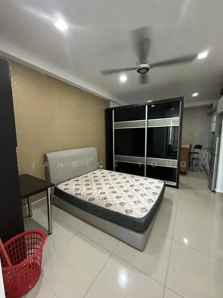Bedroom features: queen-size bed with mattress, black wardrobe with sliding doors, metal bedside table, ceiling fan, white tiled flooring, textured wallpaper, laundry basket, refrigerator in background; style: modern.