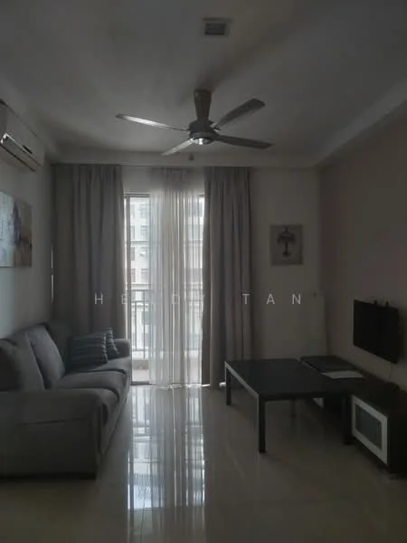Living features: 3-seater fabric sofa in grey, ceiling fan, floor-to-ceiling windows, sheer curtains, marble flooring, wall-mounted TV, TV console, coffee table, decorative artwork, air conditioning unit; style: modern.