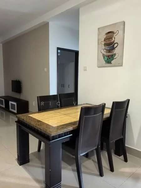 Dining features: wooden dining table with patterned top, 4 black dining chairs, cream painted walls, glossy tile flooring, framed artwork on wall, wall-mounted TV unit in background, doorway leading to another room, neutral color scheme; style: modern.