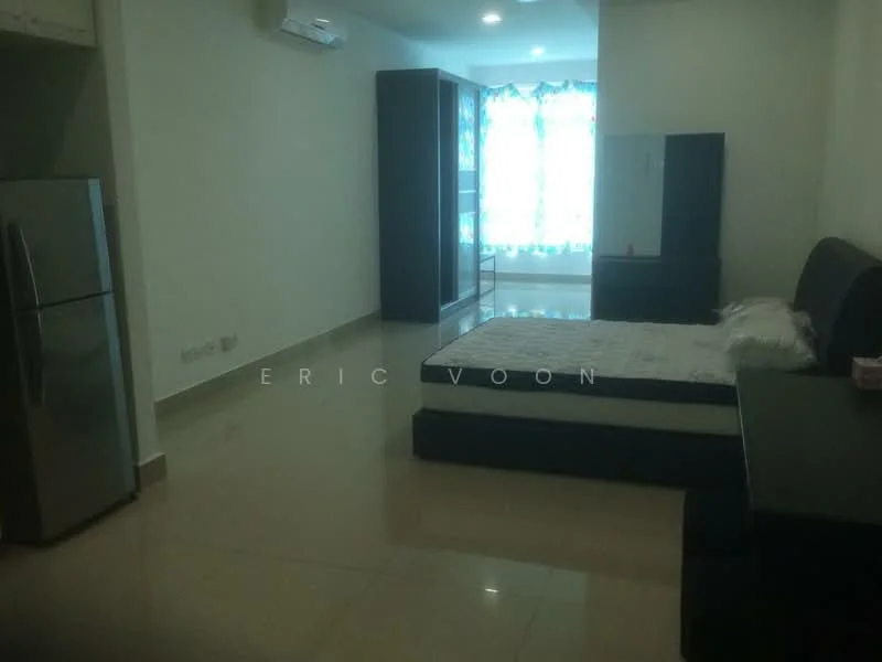 Bedroom features: queen-size bed, upholstered headboard, nightstand, built-in wardrobe, floor-to-ceiling window, sheer curtains, wall-mounted air conditioning unit, polished tile flooring, recessed ceiling lights; style: modern.