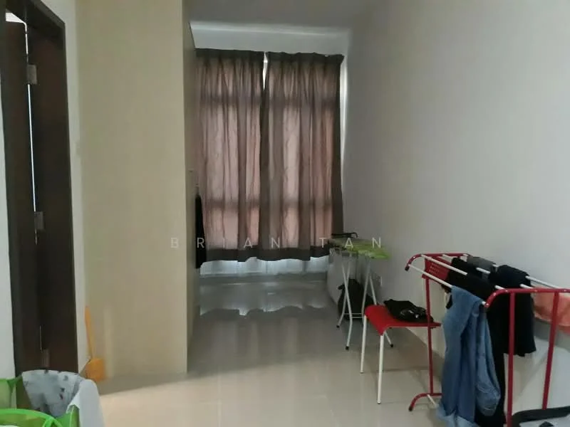Room features: white painted walls, glossy tile flooring, floor-to-ceiling windows with sheer curtains, clothes drying rack, folding table, red chair, broom, laundry basket.