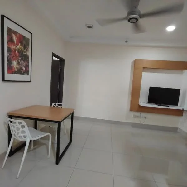 Living features: white painted walls, ceiling with recessed lighting, 5-blade ceiling fan, large framed artwork on wall, square wooden dining table, 2 white plastic chairs, TV console with wall-mounted TV, glossy tile flooring; style: modern.