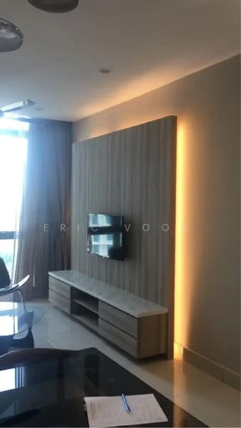 Living features: wall-mounted TV, wooden feature wall with backlighting, marble TV console, glass dining table, upholstered dining chairs, floor-to-ceiling windows, sheer curtains, recessed ceiling lights, polished tile flooring; style: modern; view: city.
