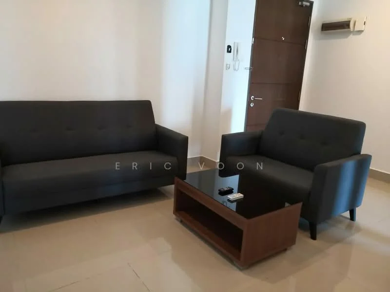 Living features: 2-seater fabric sofa in grey, 3-seater fabric sofa in grey, coffee table with wooden base and glass top, wall-mounted air conditioning unit, light-colored walls, tile flooring, door with wooden finish, power outlet on wall; style: modern.