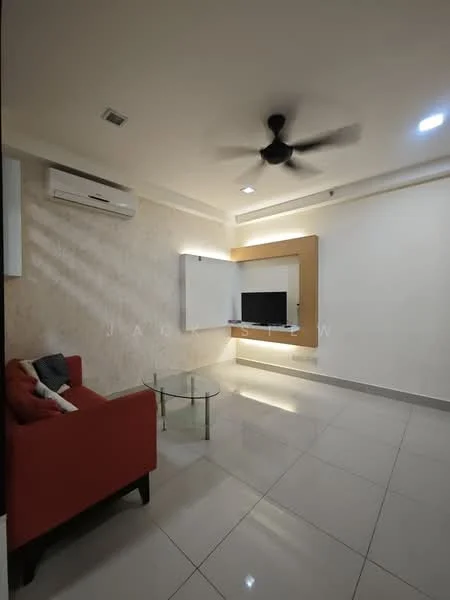 Living features: red fabric sofa, glass coffee table, wall-mounted TV, white wall with decorative panel, recessed lighting, 5-blade ceiling fan, wall-mounted air conditioning unit, glossy tile flooring; style: modern.